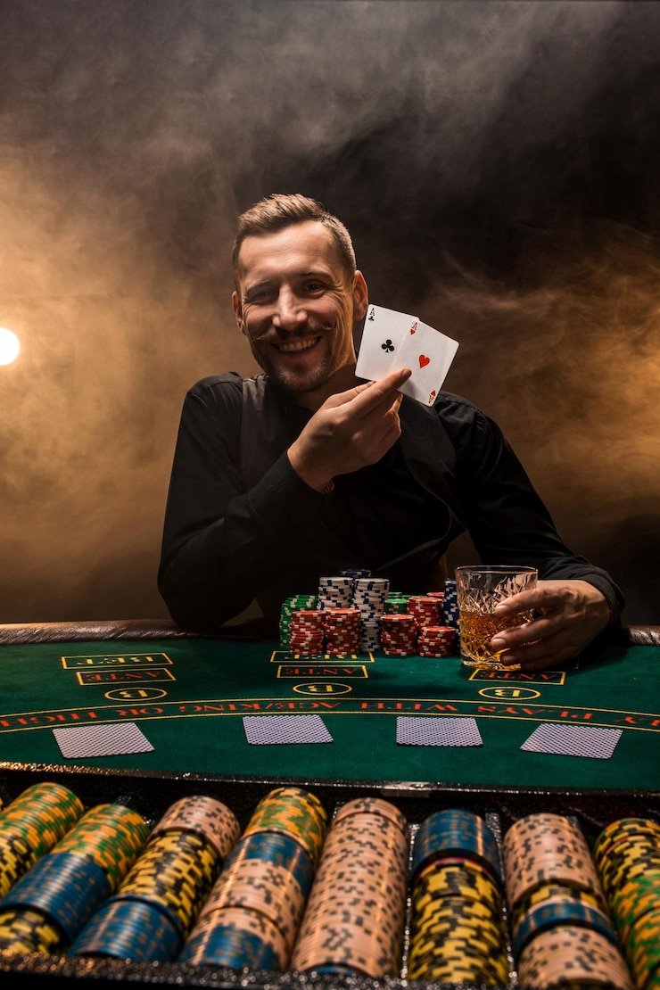 Dealer casino live sedang melayani pemain dengan kartu dan chip di studi siaran