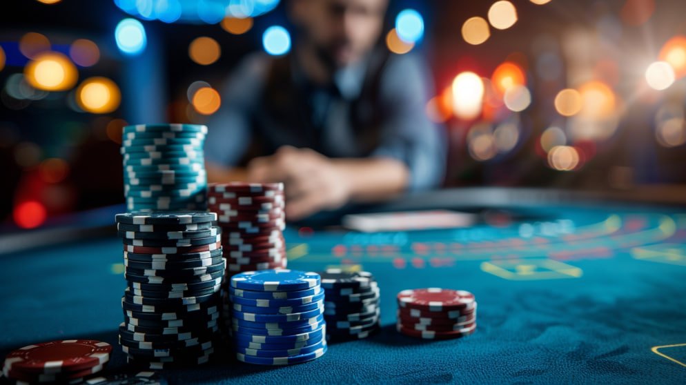 Struktur meja blackjack live casino dengan dealer profesional sedang bermain